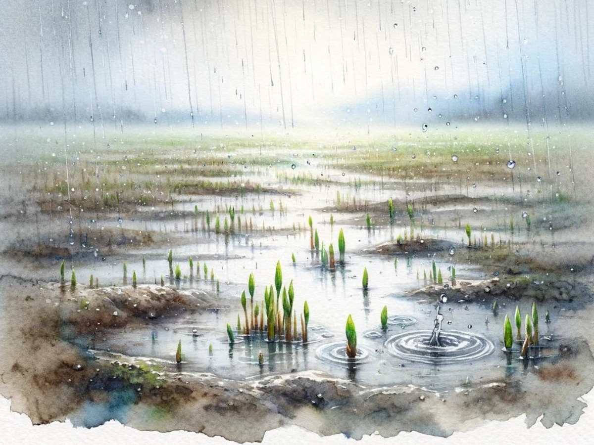 Rain nourishing a once-barren field