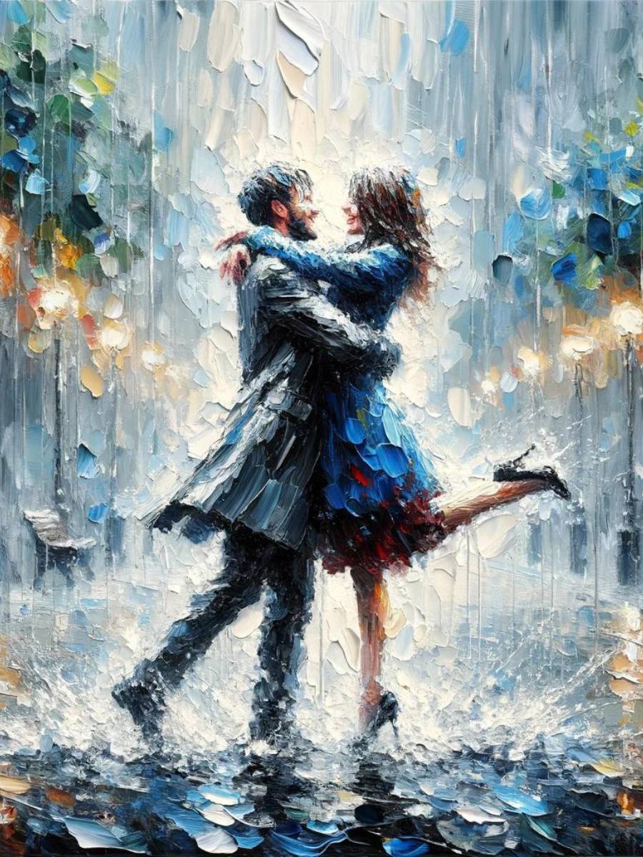A loving couple enjoying rains