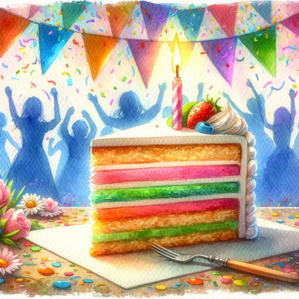 A slice of birthday cake adorned with colorful frosting