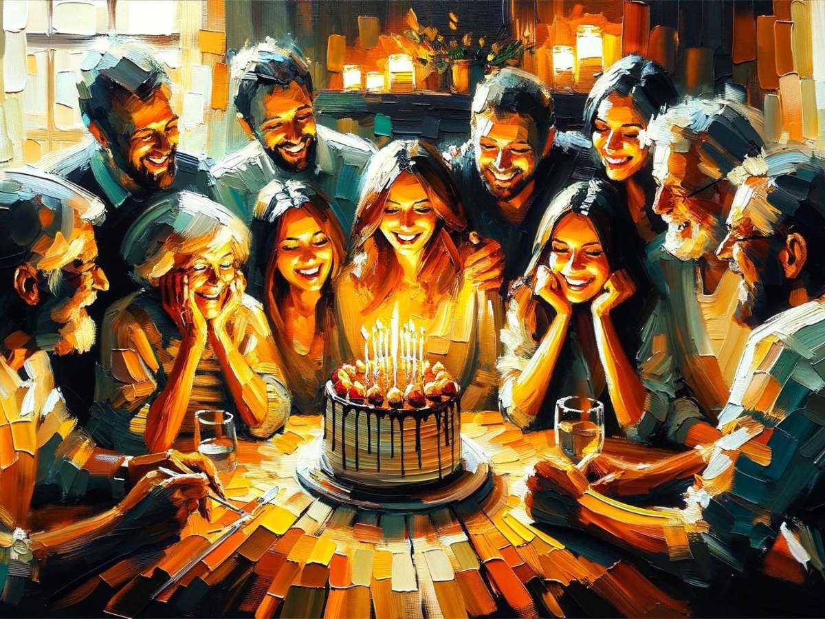 Friends gather around a cake, their faces alight with laughter