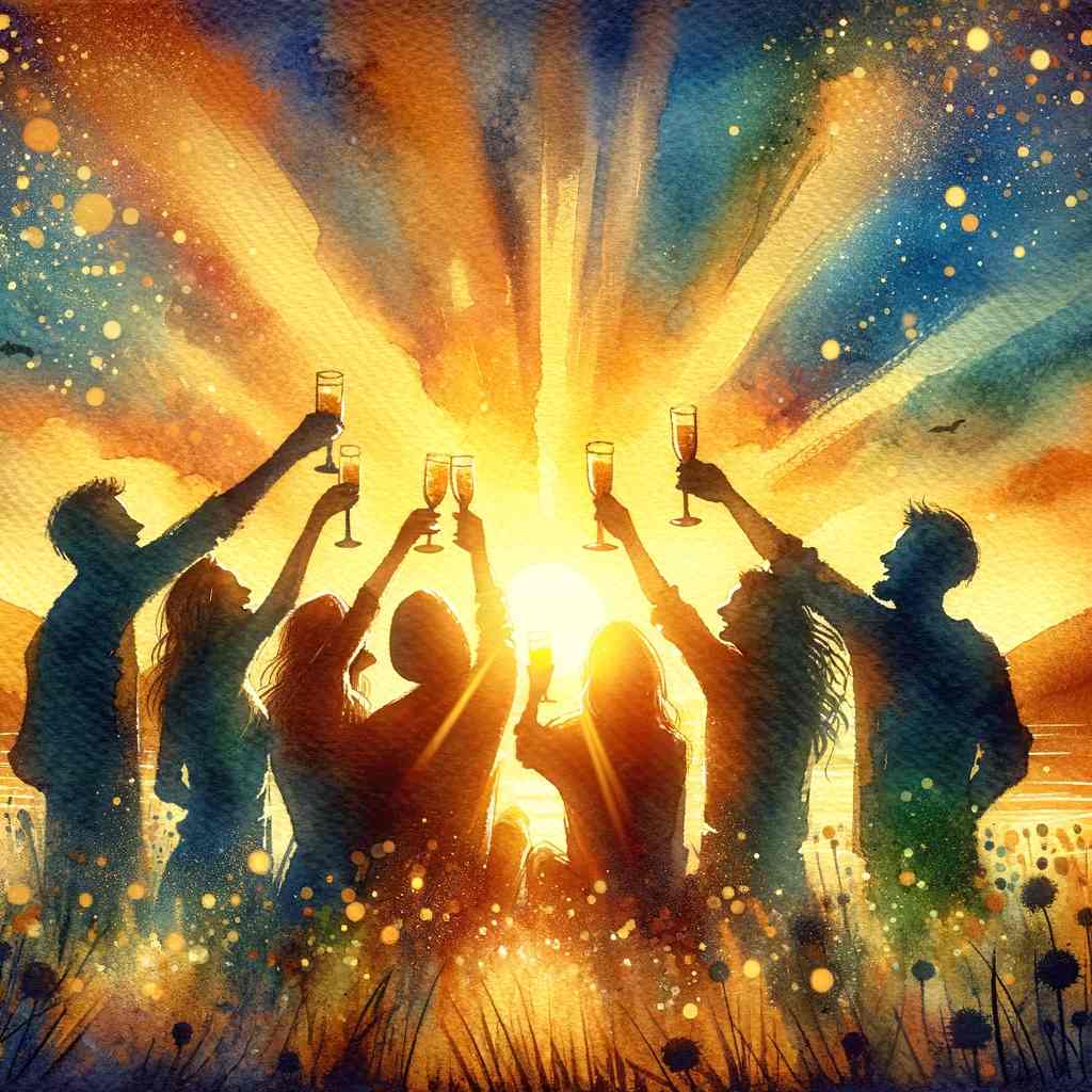 Friends raising toasts, surrounded by the early glow of dawn