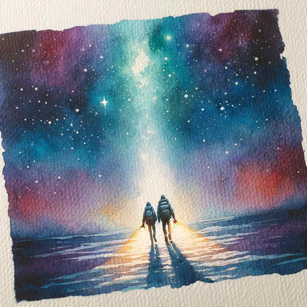 Friends walking together under a starry sky, the warm glow from their flashlights lighting the way