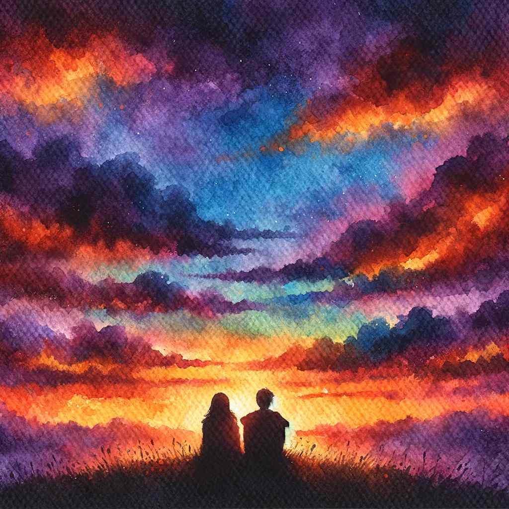 Friends watch a vibrant sunset from a hill