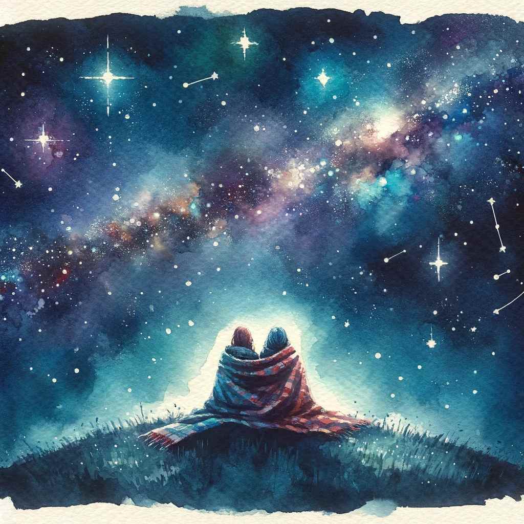 Two friends wrapped in a blanket share a moment of wonder
