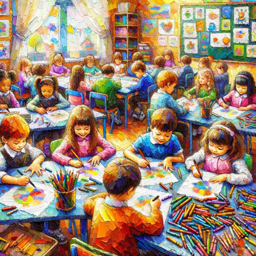 A kindergarten art class where children are drawing and coloring with crayons