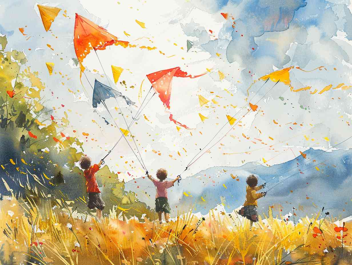 A lively scene of children playing in a field dotted with flowers