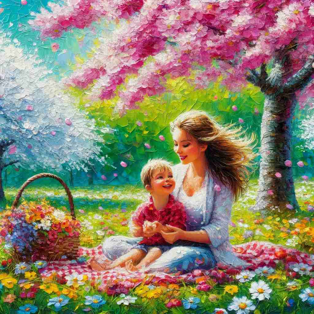 A mother and her child enjoying a picnic under a blossoming cherry tree
