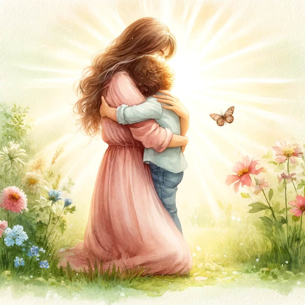 A mother embracing her child in a comforting hug in a sunny garden