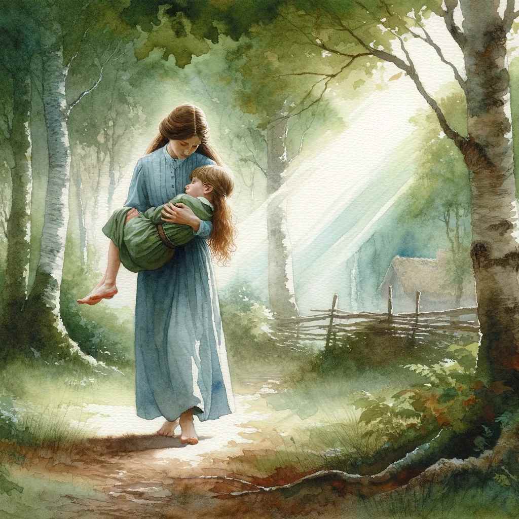 A mother gently lifting her daughter after a fall