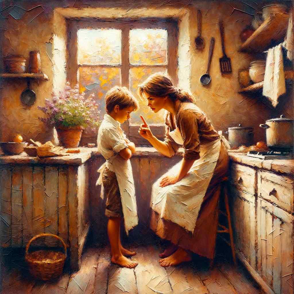 A mother gently scolding her child in a cozy, warmly lit kitchen