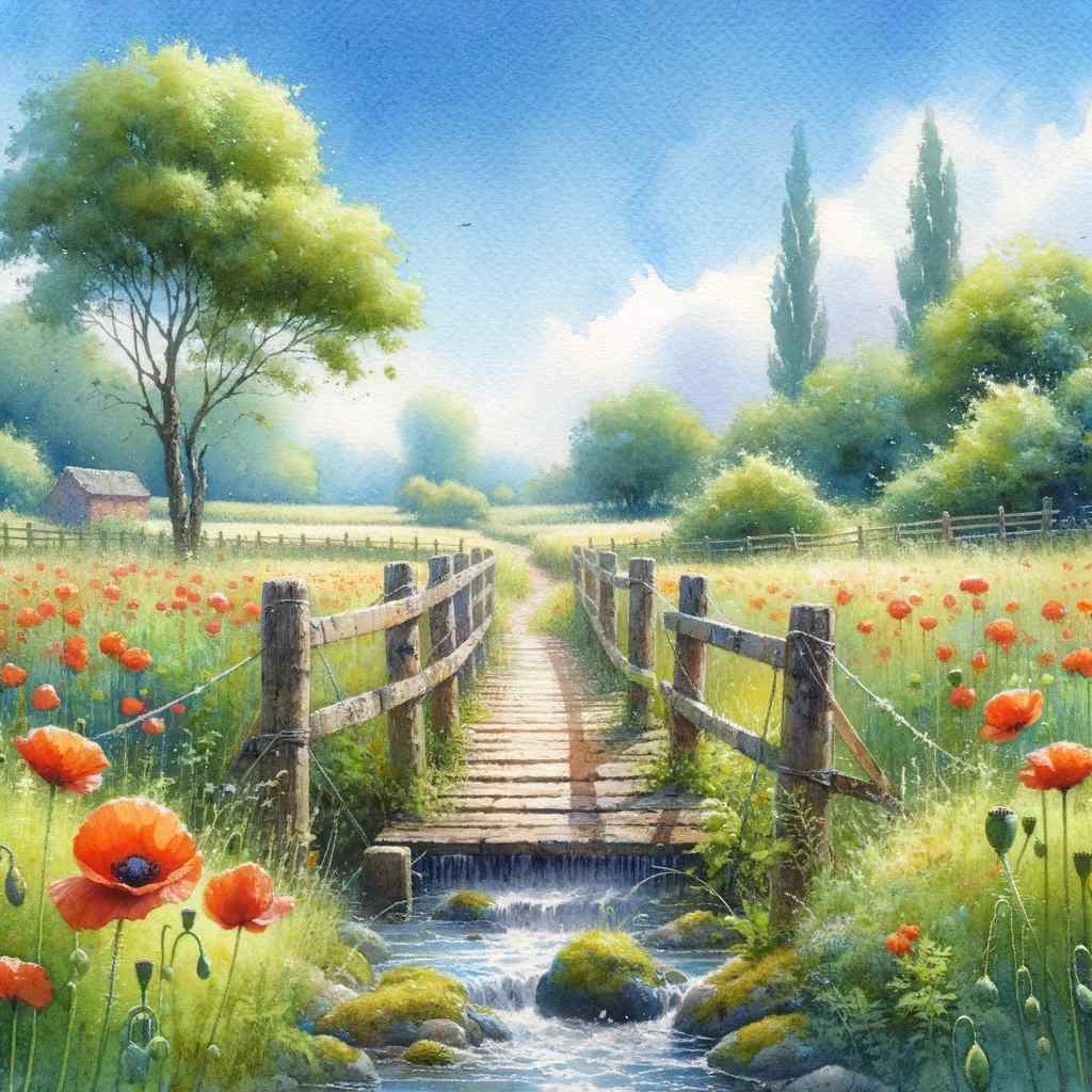 A peaceful scene of a small wooden footbridge over a stream, surrounded by lush poppy fields