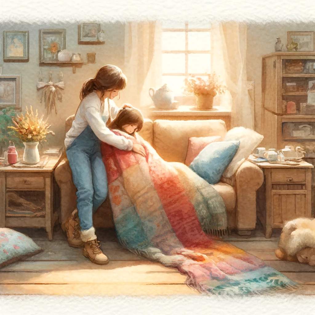 A sister tenderly wrapping a warm blanket around her sibling