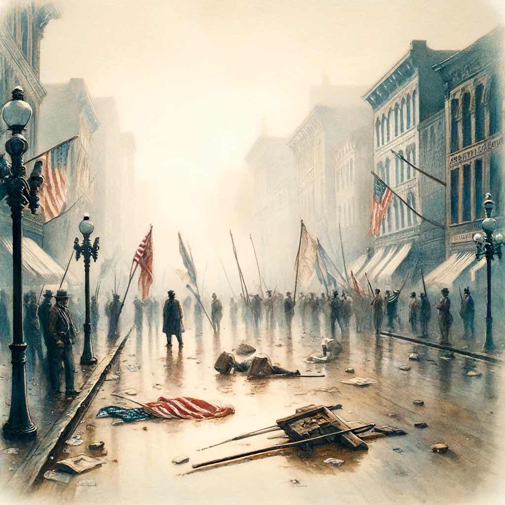 A somber, quiet street scene following the protest