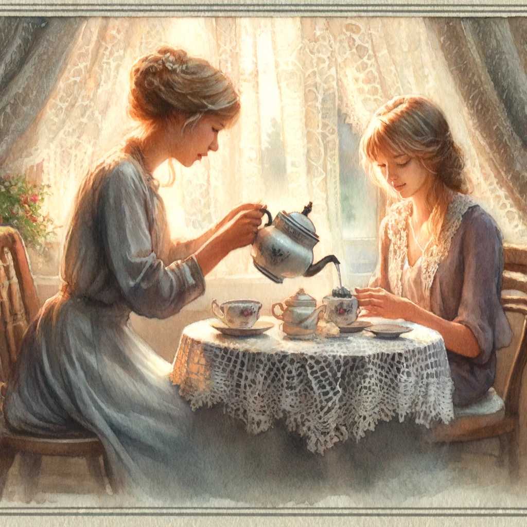 A tranquil afternoon tea setting with two sisters