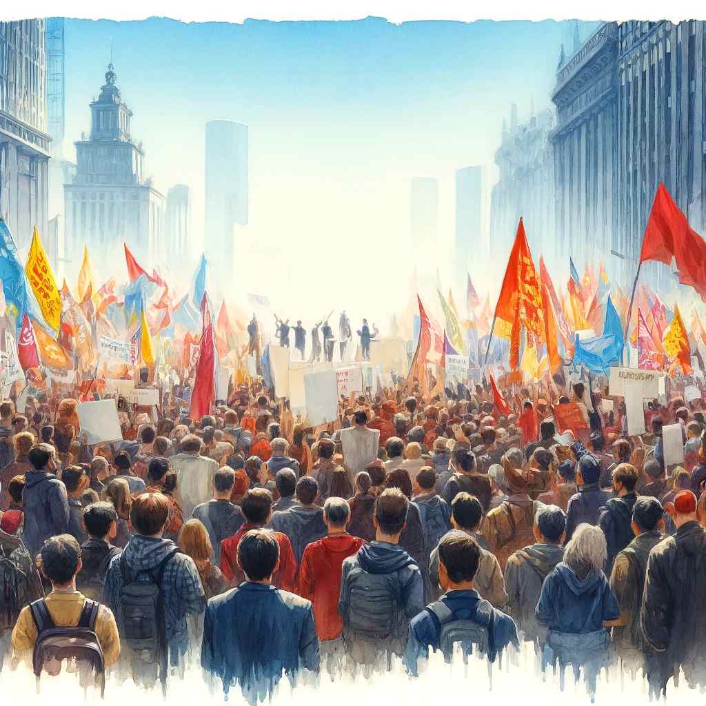 A vibrant midday rally with a sea of colorful banners