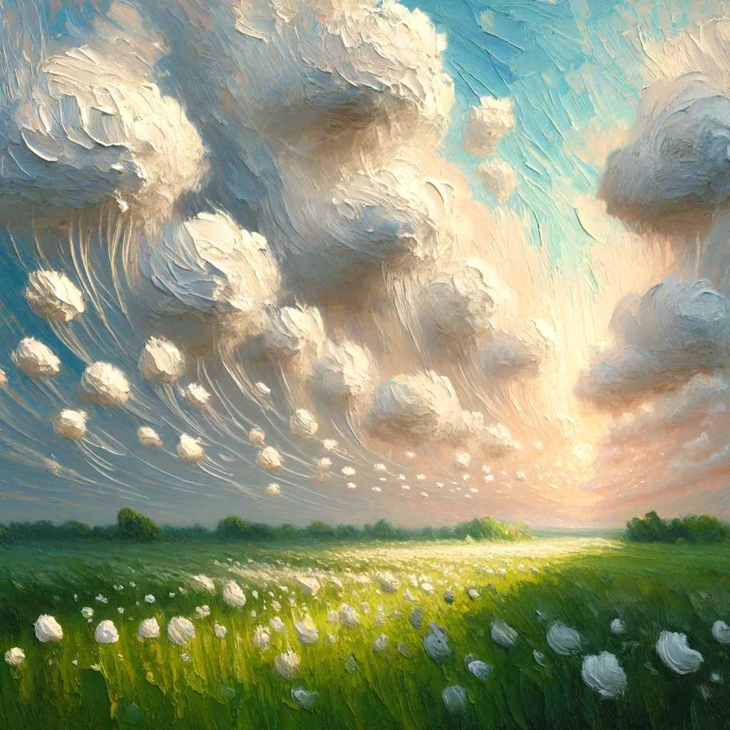 A whimsical scene of light and shadow cast by clouds over a field in May