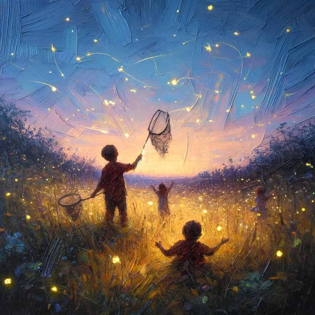 Children catching fireflies in a dusky meadow