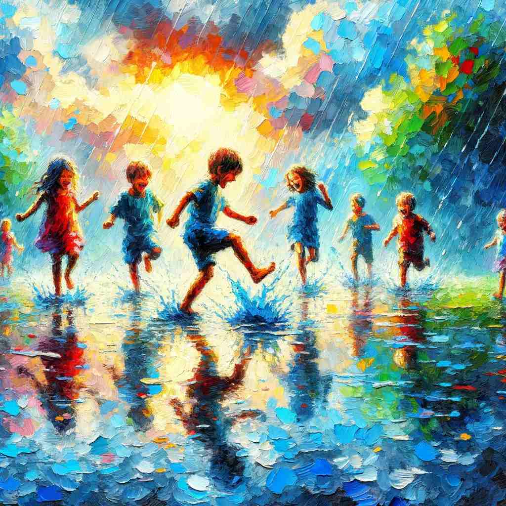 Children playing joyfully in rain puddles
