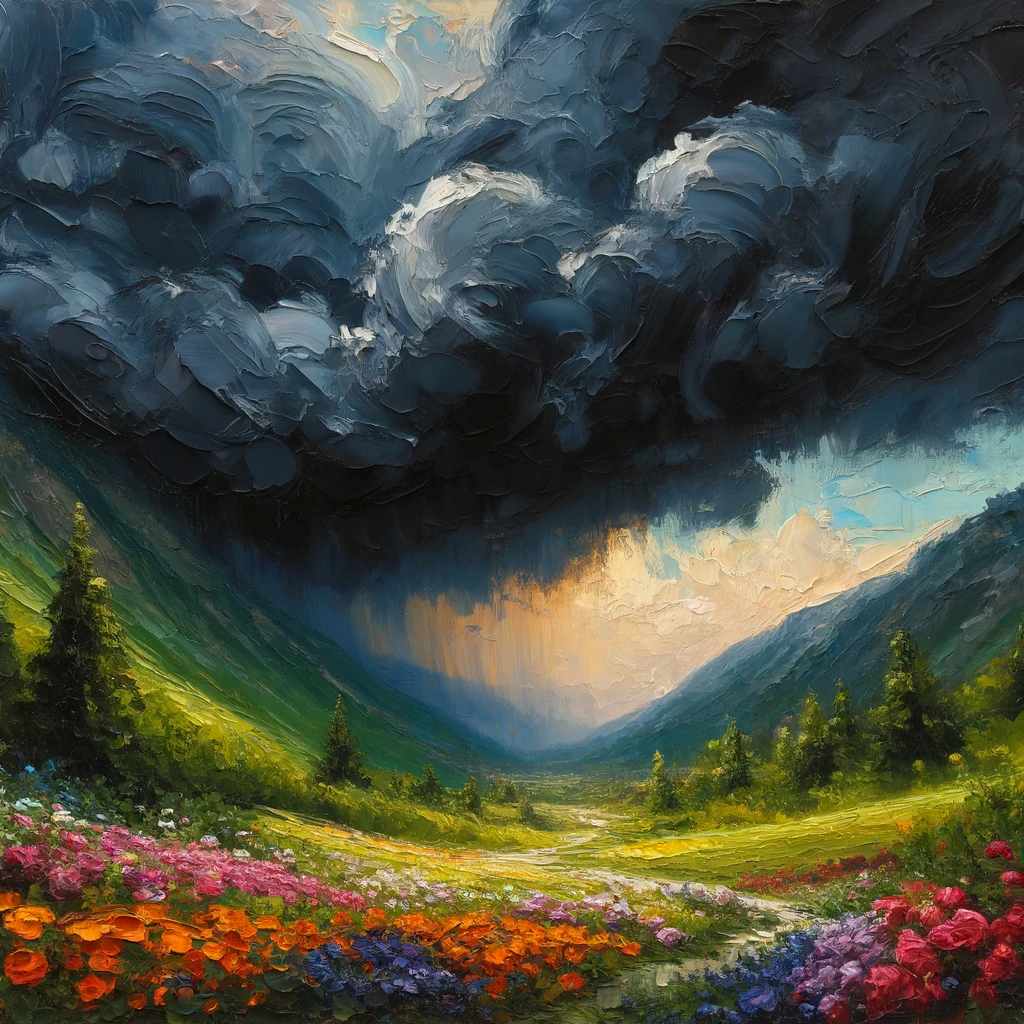 Dark stormy clouds gathering over a vibrant flowery valley