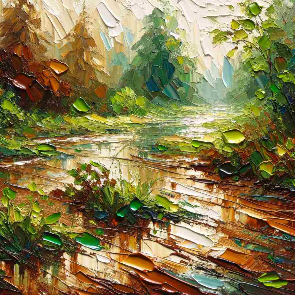Earthy palette of browns and greens, with puddles reflecting the overcast sky