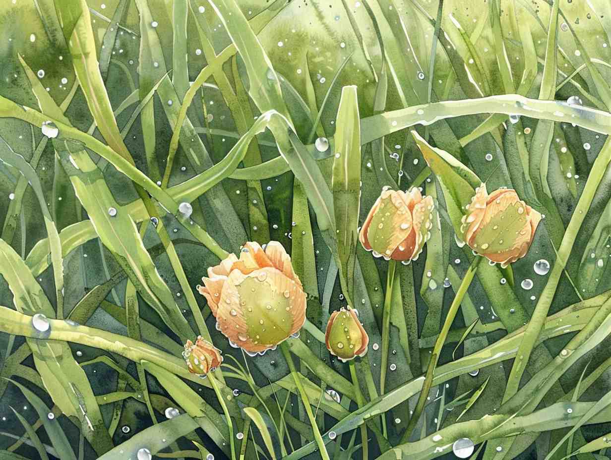 Fresh dew drops on grass blades
