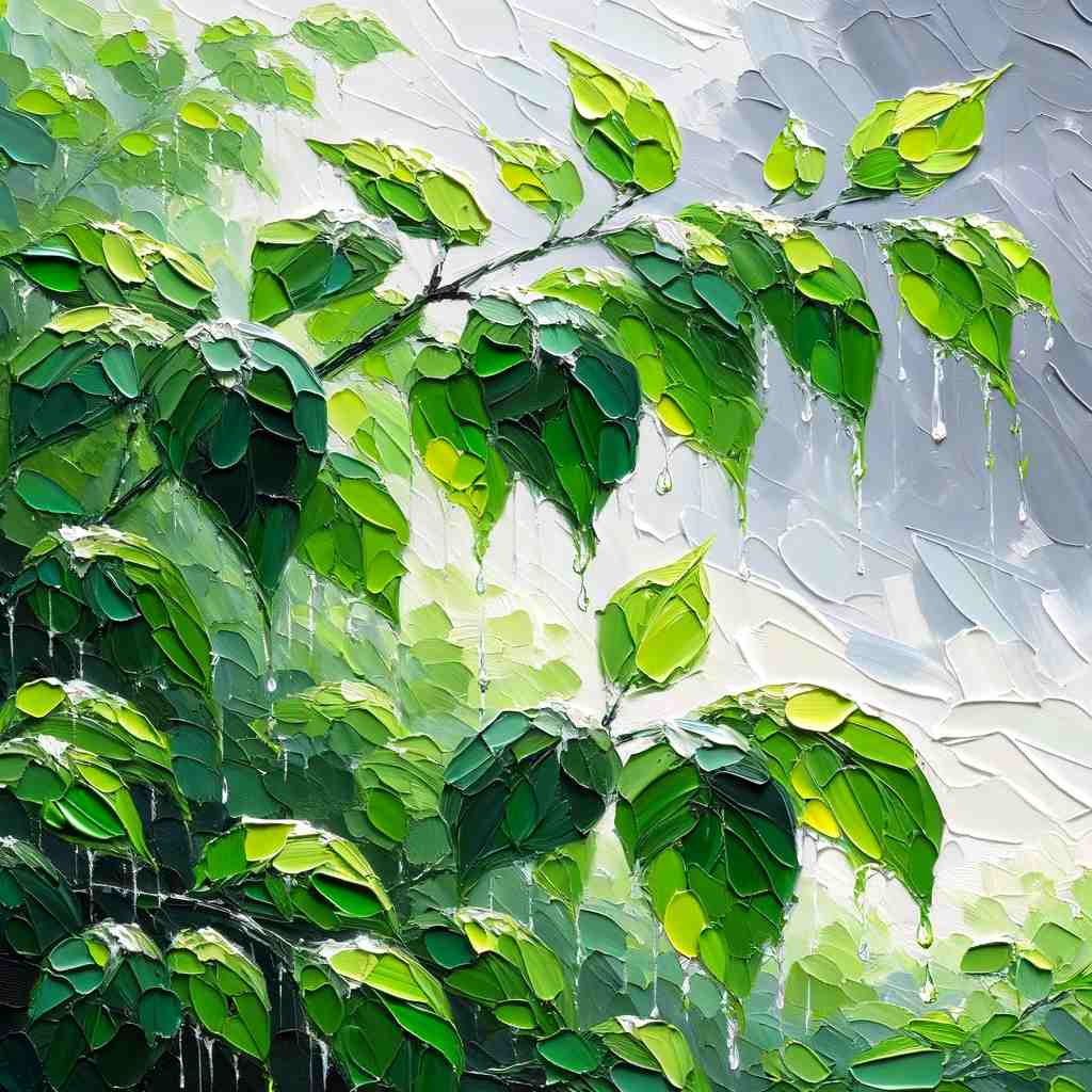 Gentle May rains falling on young, vibrant green leaves