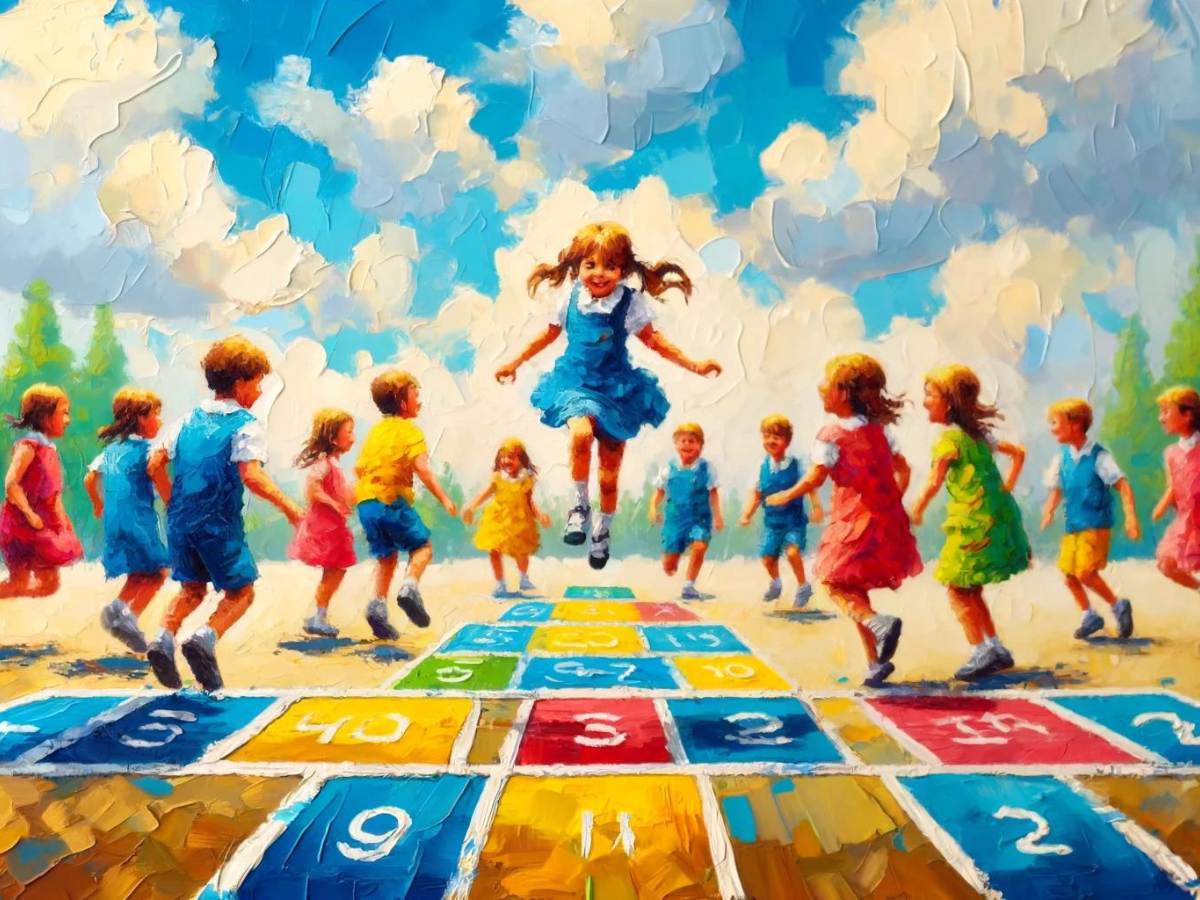 Kindergarten children playing hopscotch in a school playground