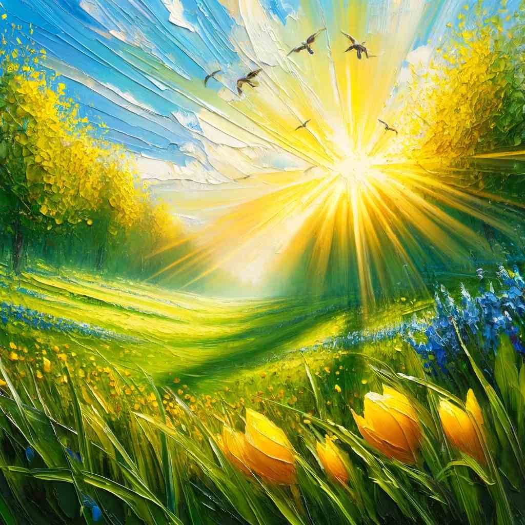 May morning with rays of sunlight peeking through, casting golden slices of light across a fresh, green meadow