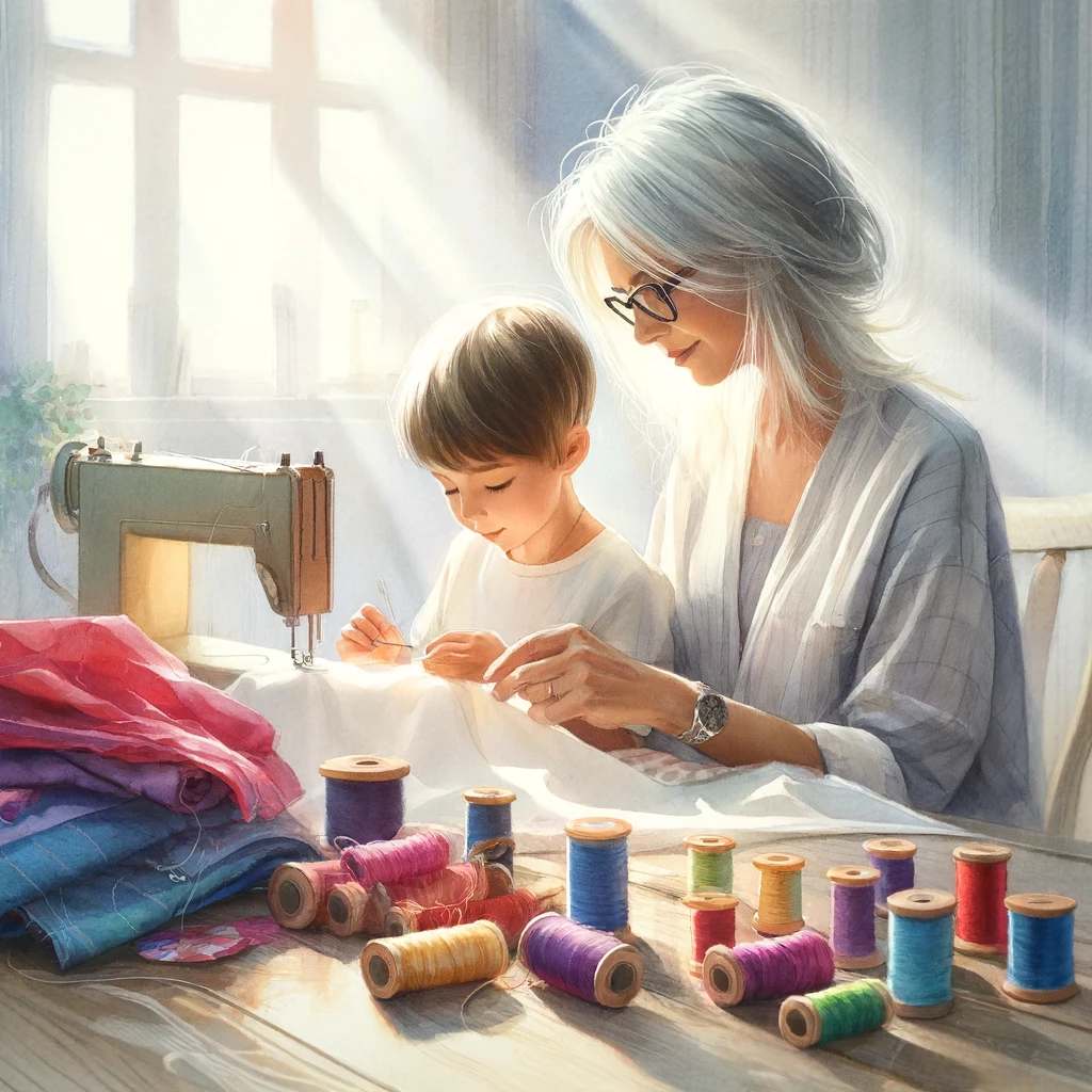 Mom and kid making some clothing
