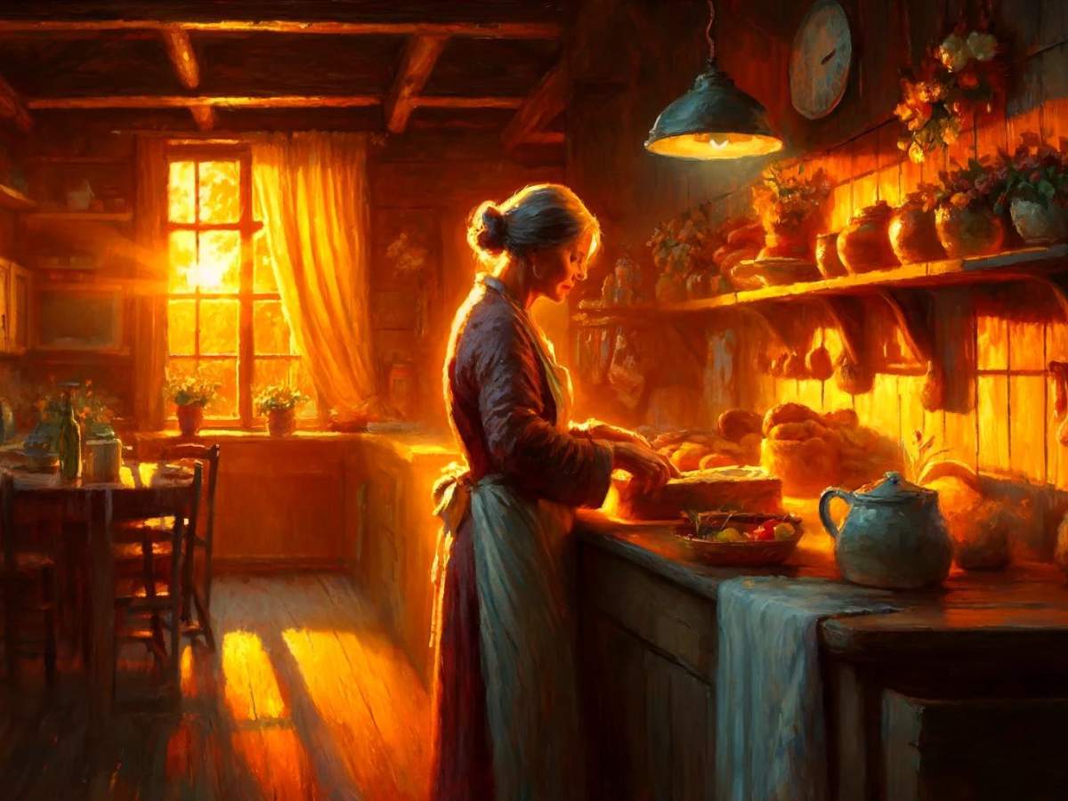Mommy is cooking in a warmly lit kitchen at dusk