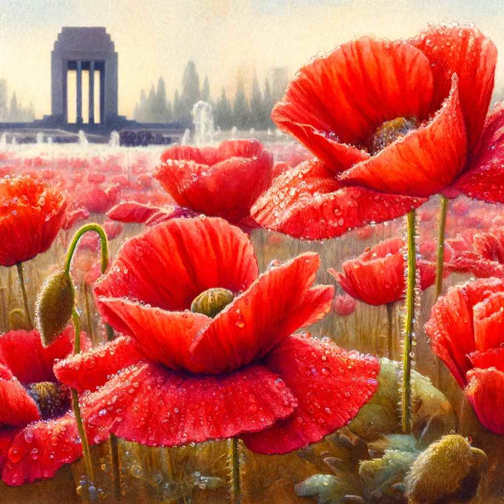 Red poppies with dewdrops against the blurred background of a memorial park