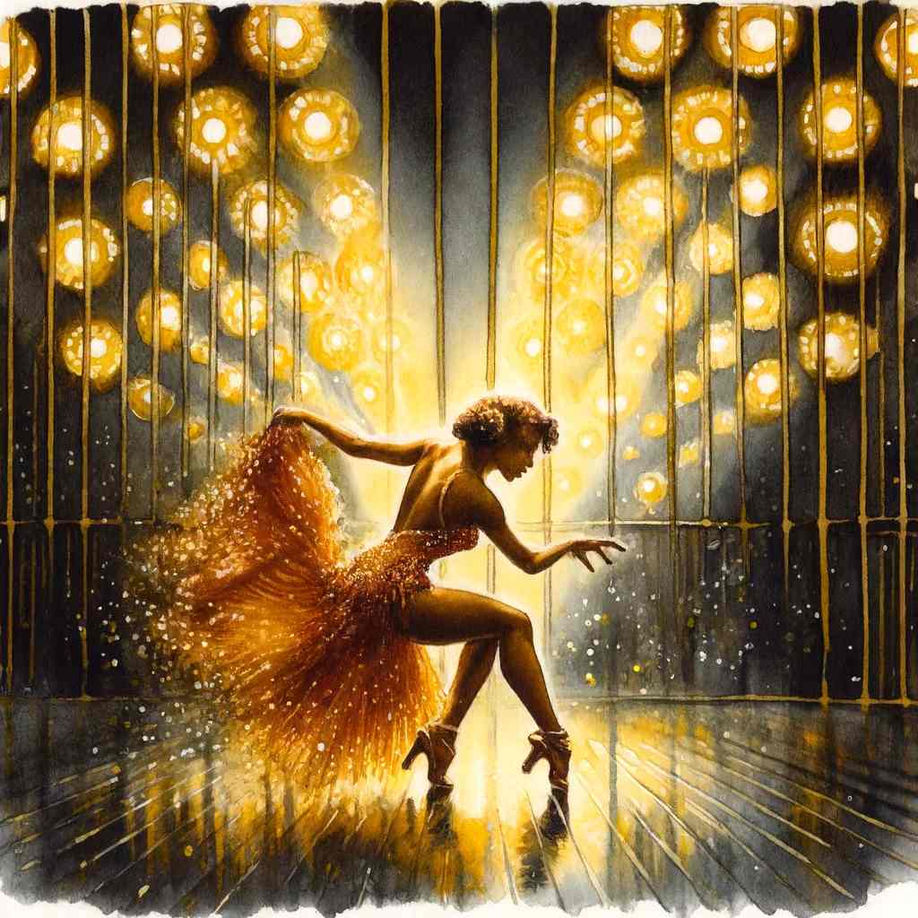 The dancer on stage, surrounded by shimmering lights that create the illusion of a golden cage