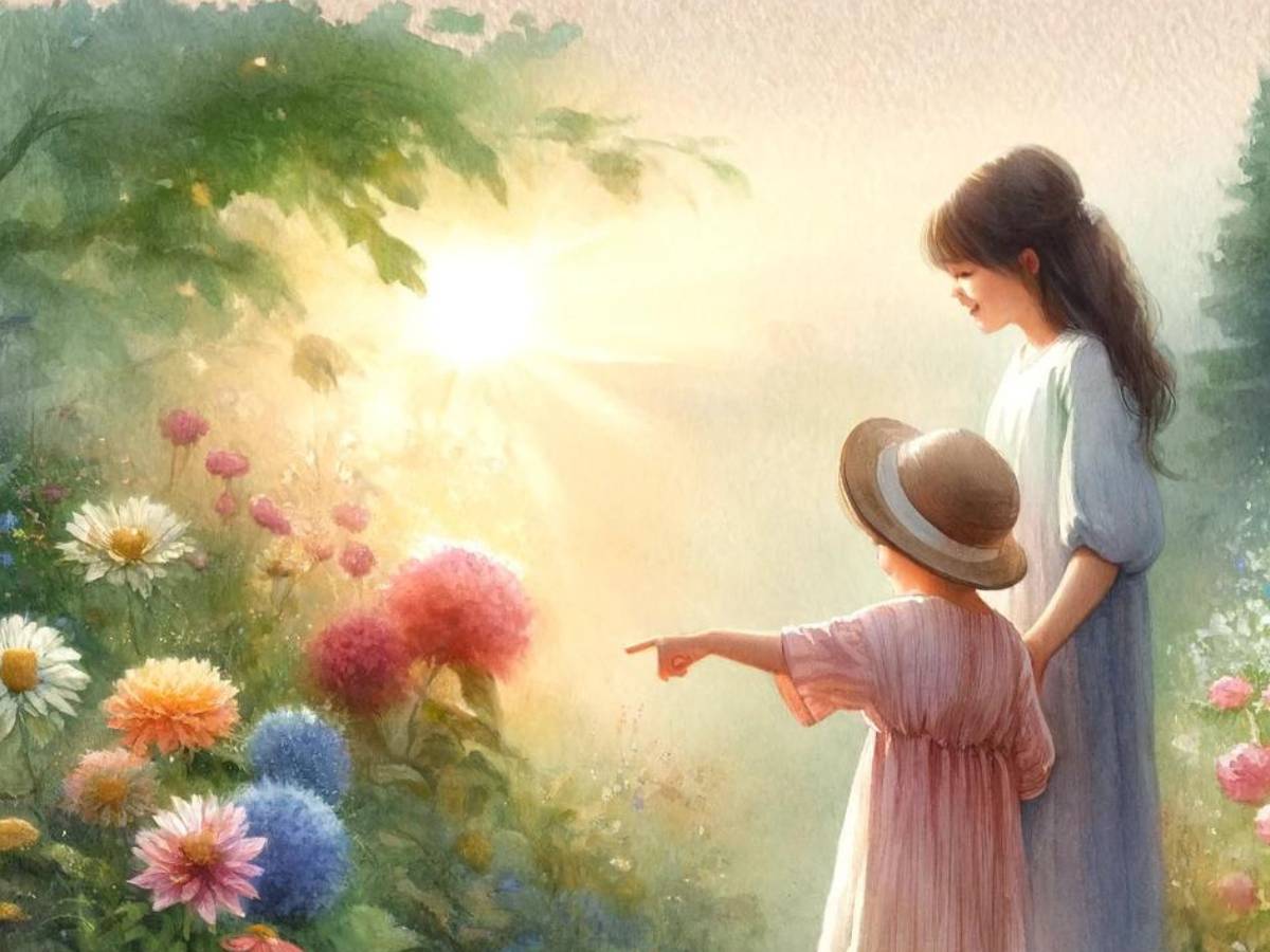 Two sisters enjoy the beauty of blooming flowers
