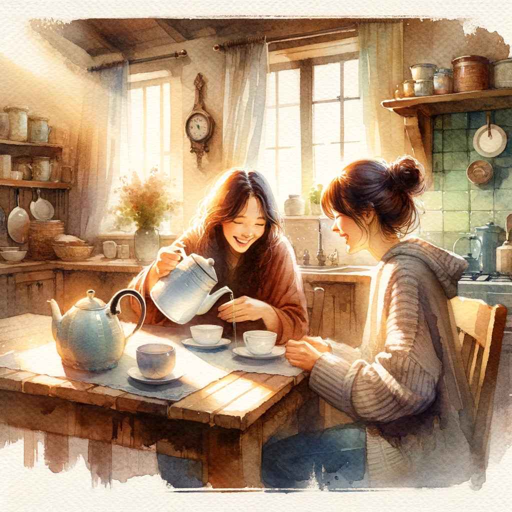 Two sisters having a heartfelt conversation over tea