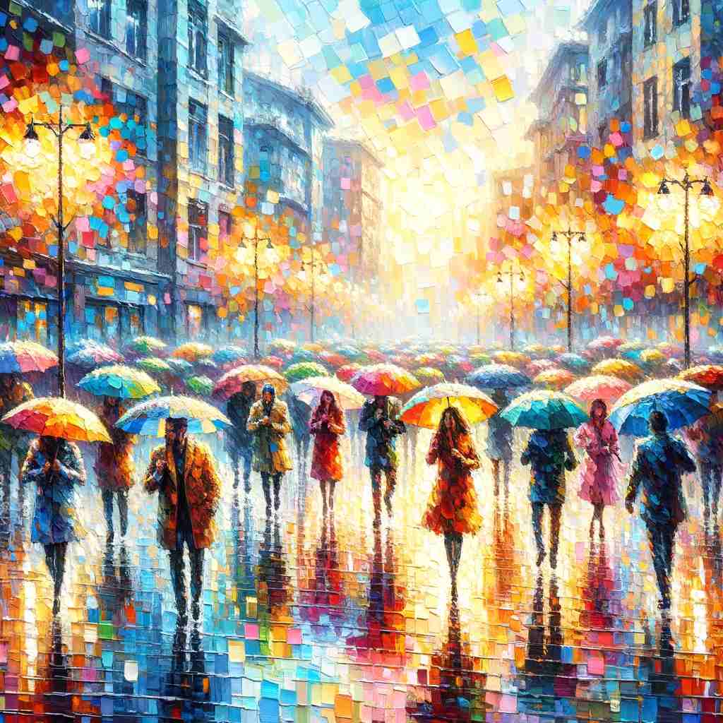 Urban scene with people of various ages walking under colorful umbrellas during rain