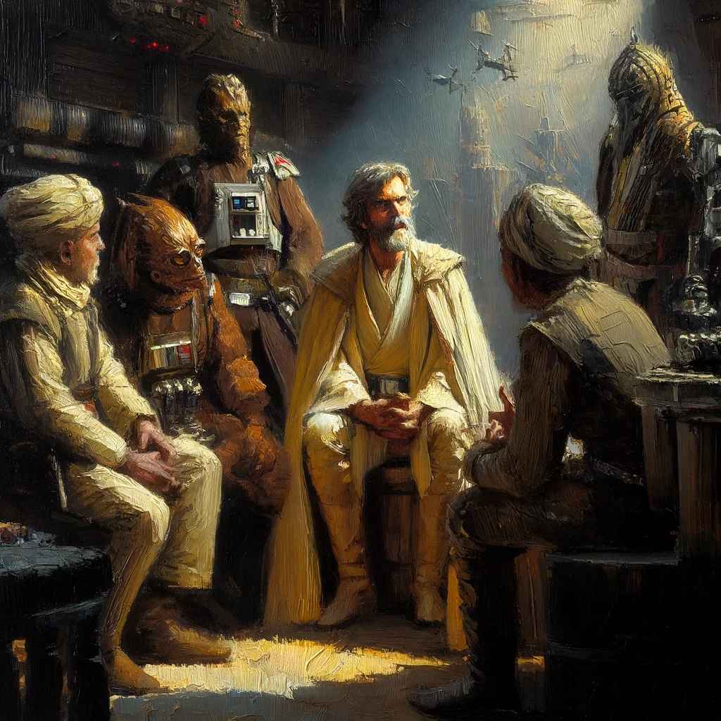 A group of smugglers and bounty hunters engaged in a tense discussion