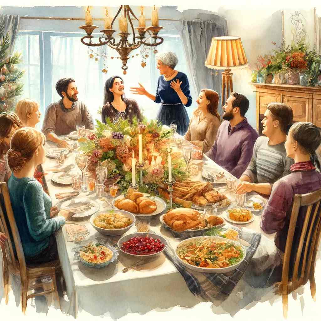 A joyful family gathering around a large dinner table