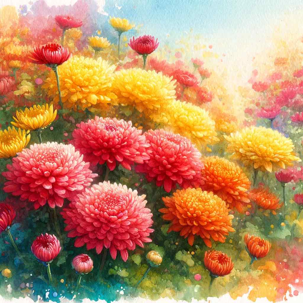 A lively garden scene filled with mums in a chorus of colors like red