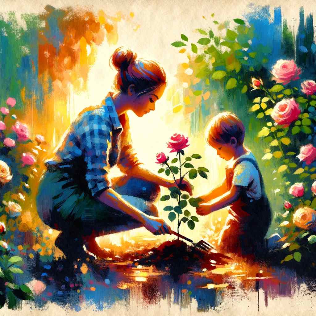 A mother and child planting roses together in a garden, capturing the essence of growth and strength imparted by the mother