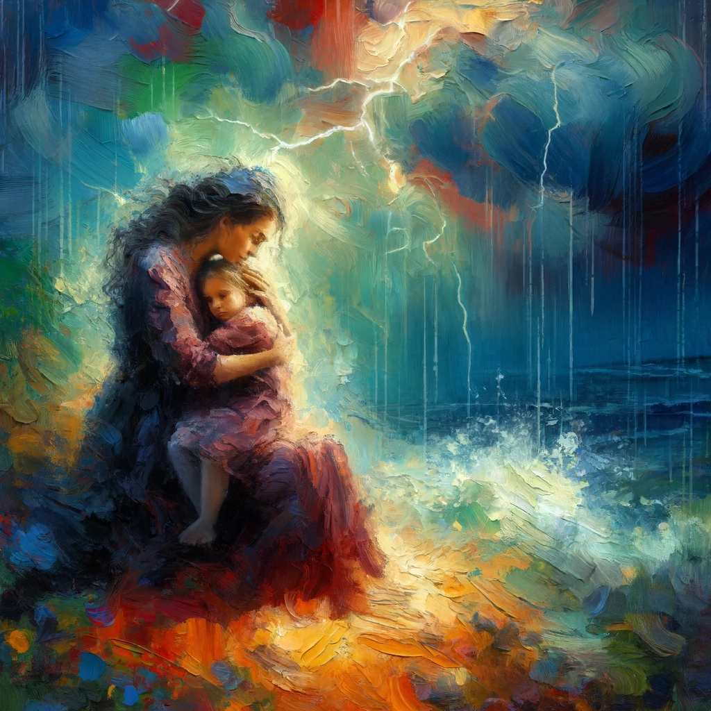 A mother consoling her child during a thunderstorm