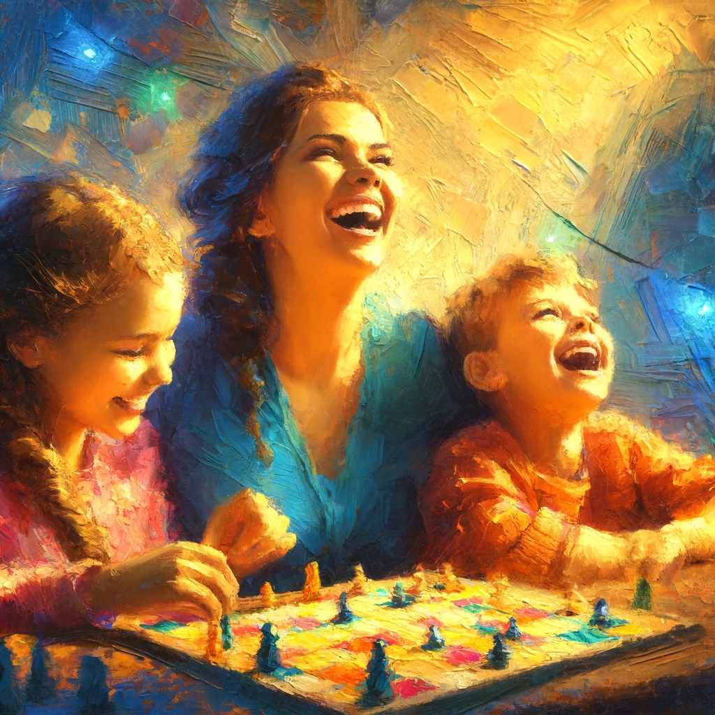 A mother laughing joyously with her children