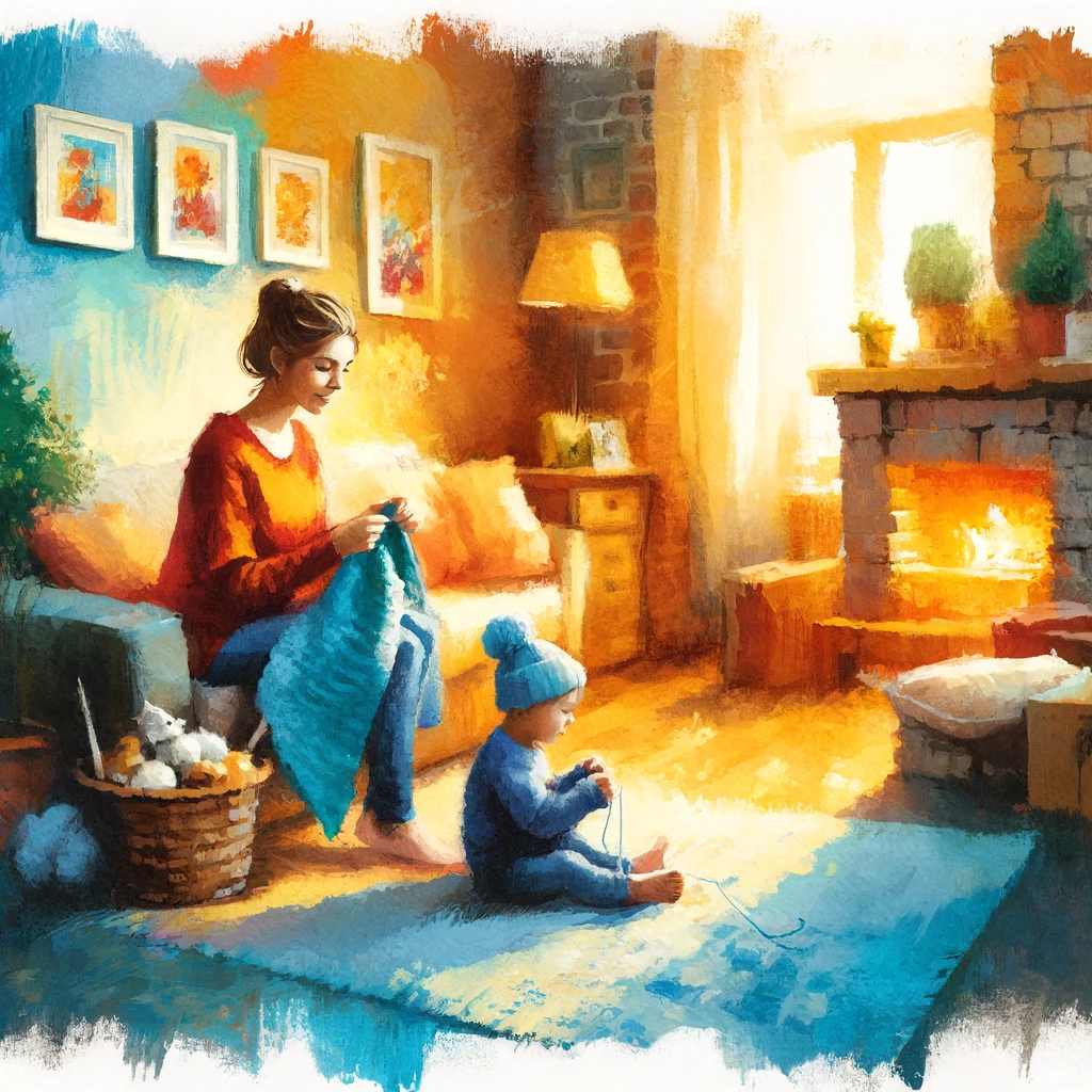 A mother teaching her child to knit in a cozy, warmly lit living room