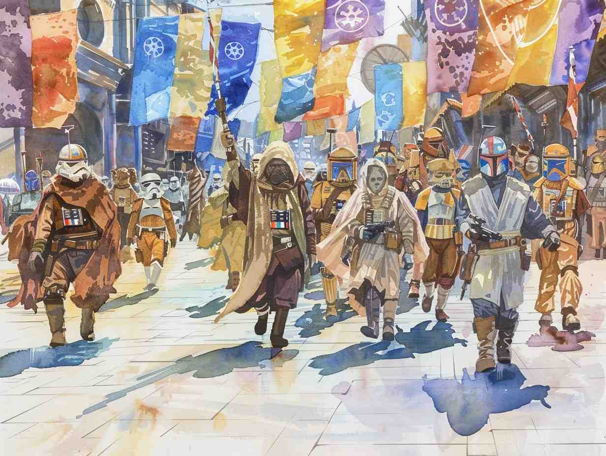 A parade of fans in elaborate costumes
