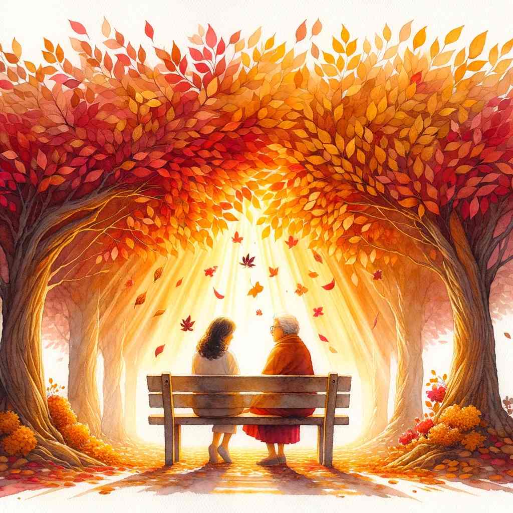 A serene autumn scene where stories are shared