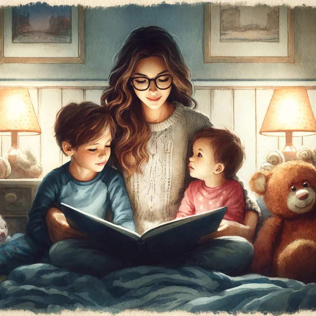 A single mother is reading a bedtime story to her two children