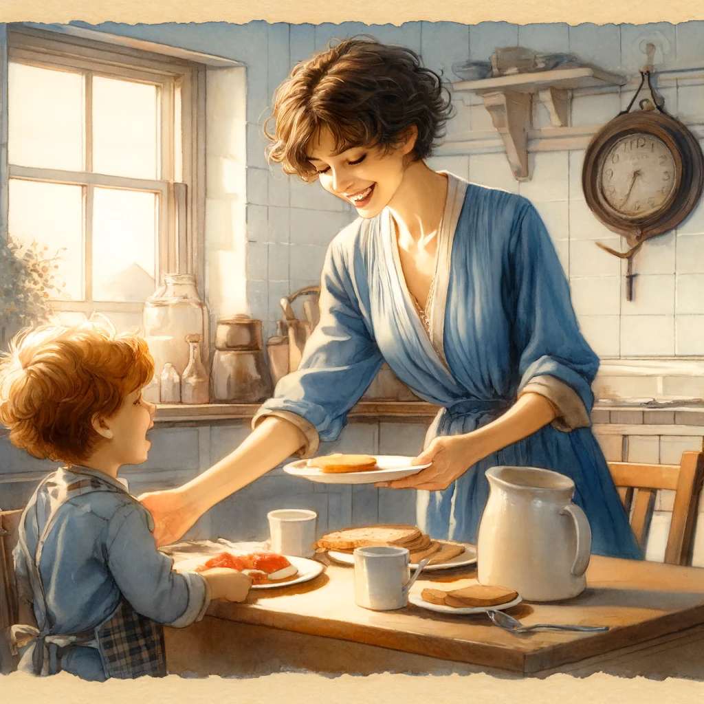 A single mother preparing breakfast in a cozy kitchen