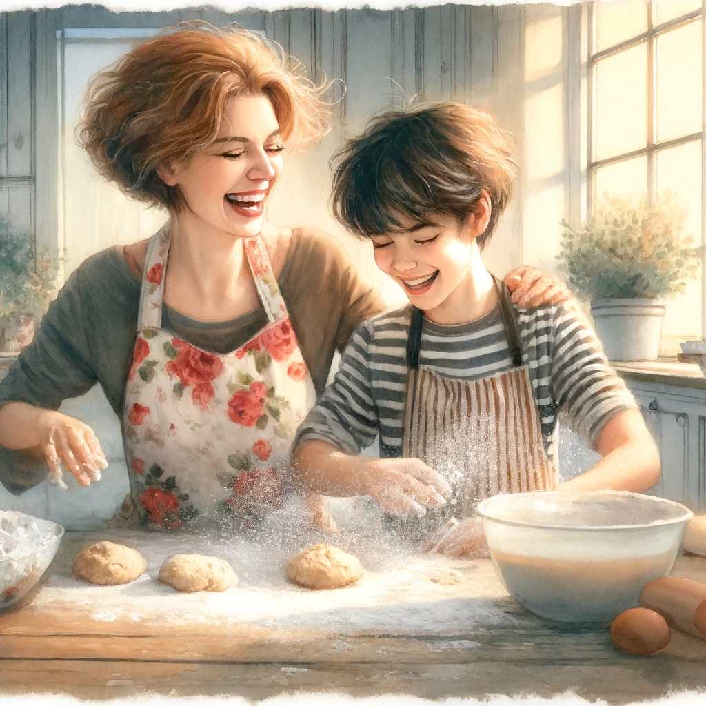 A stepmother and her stepchild laughing together while baking cookies