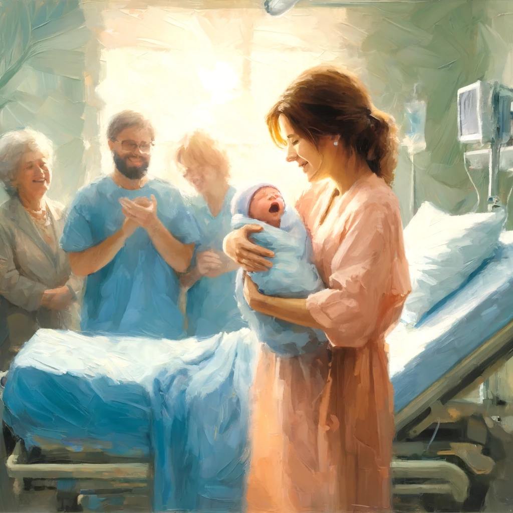 A surrogate mother gently holding a newborn in a hospital room