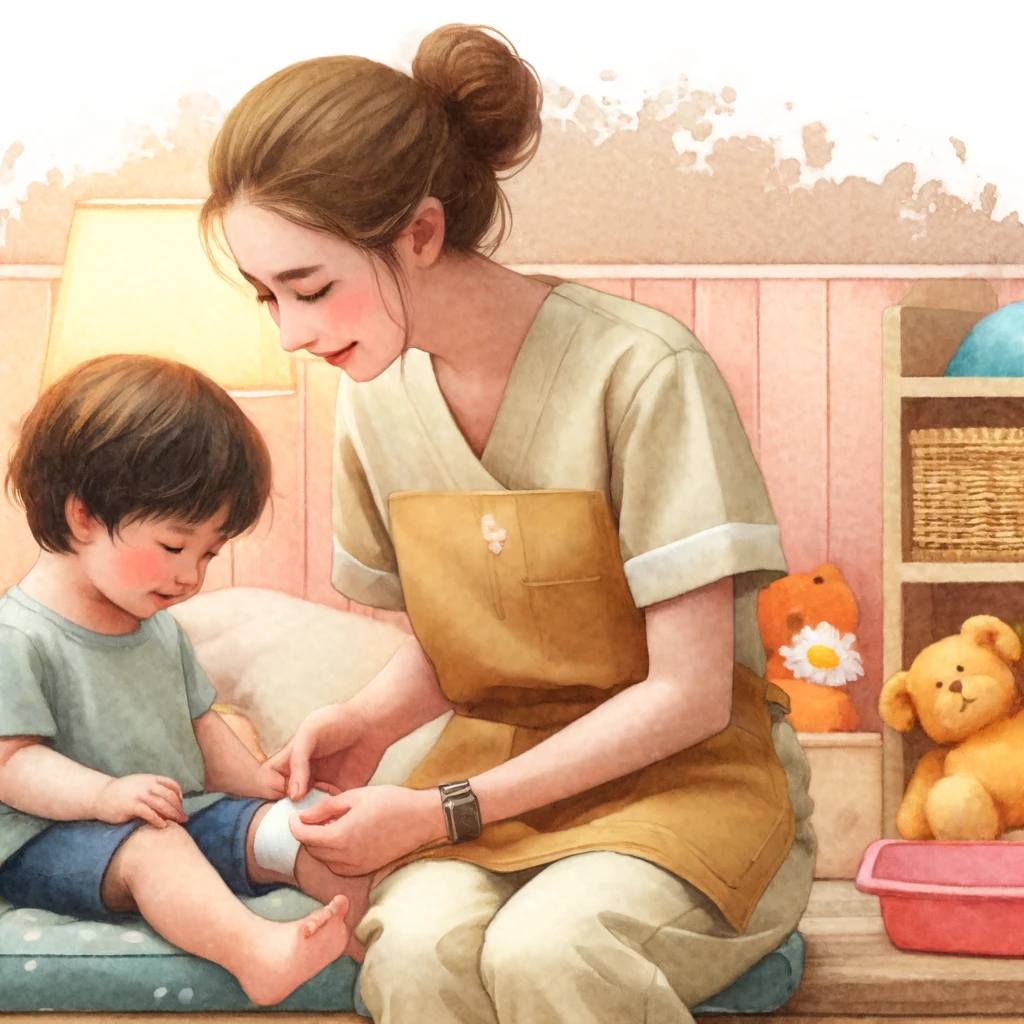 A tender moment where a daycare caregiver comforts a small child by applying a bandage to his knee