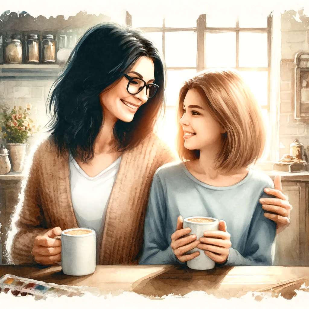 A warm embrace between an aunt and her niece during a coffee morning